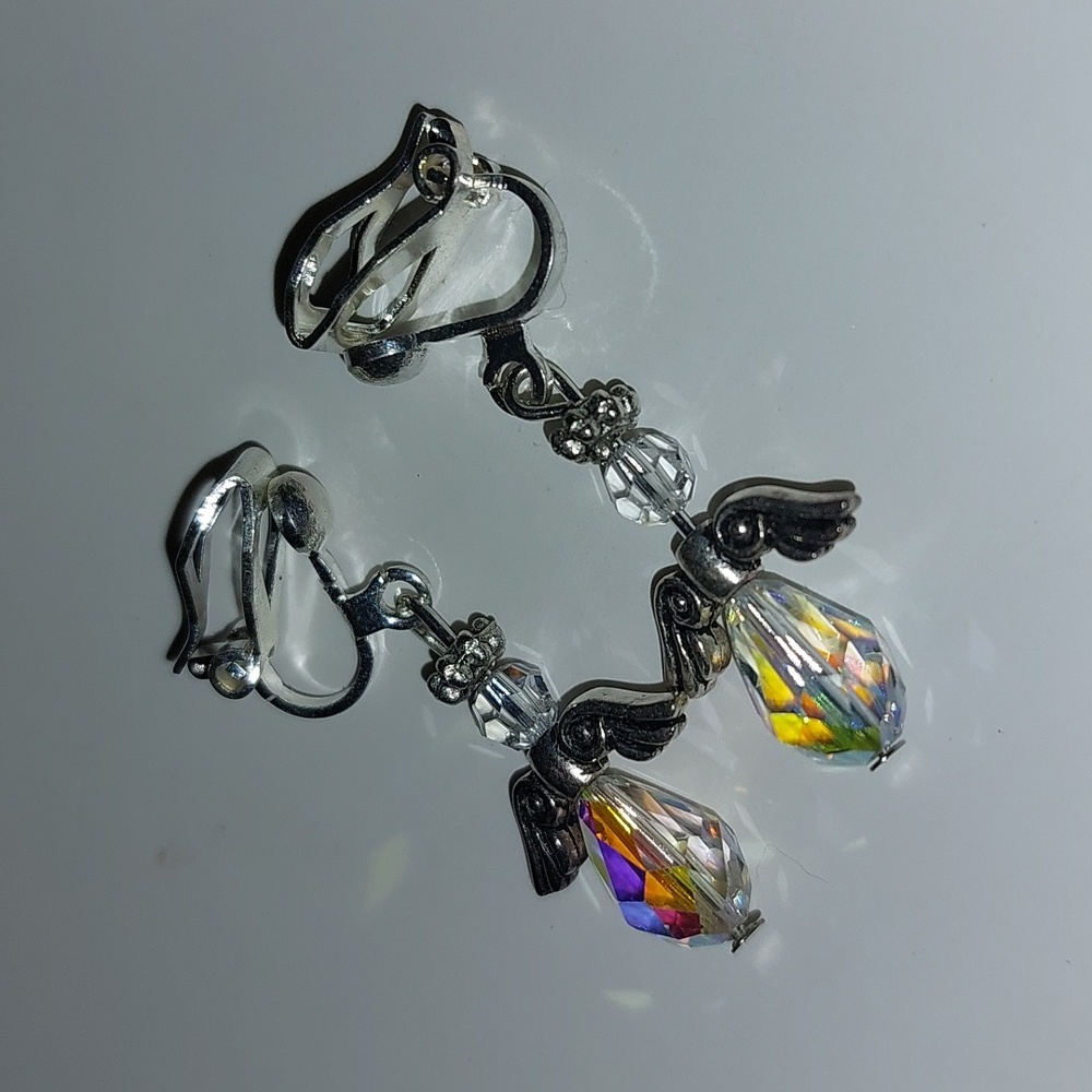 Rainbow AB Crystal Angel Shaped Dangle Clip Earrings